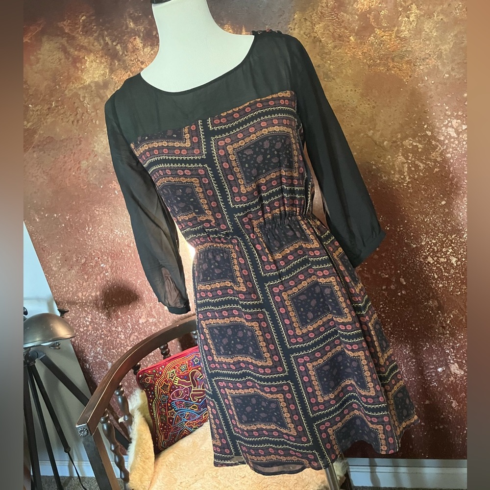 Quicksilver Silk Mini-Floral Dress with Semi-Sheer 3/4 Sleeves